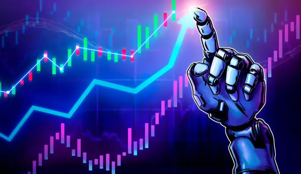 a robot touching the stock market arrow with a finger; Grok AI Stock - Your Gateway to the World of Smart Investment